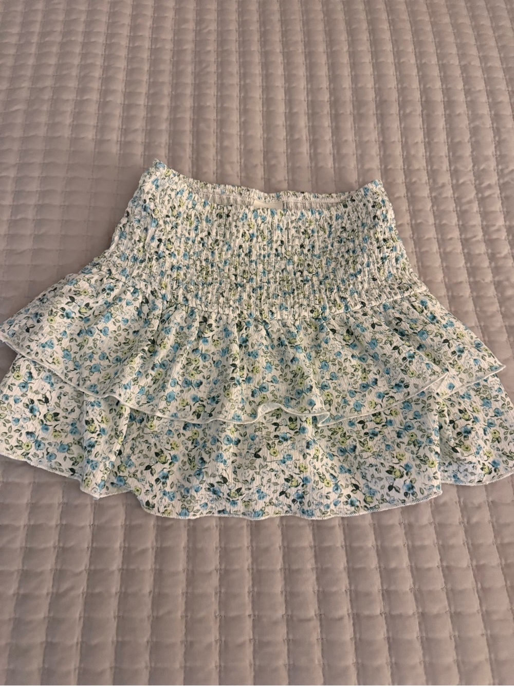 Girl’s Blue Floral Smocked Tiered Mini Skirt with shorts